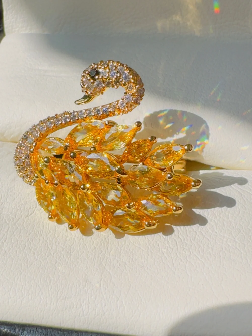 Yellow Swan Brooch with Yellow Crystal Feathers